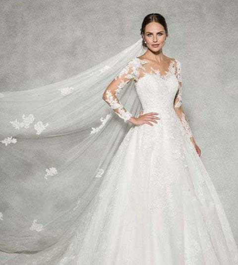 Пышное свадебное платье с длинным рукавом 7301. Силуэт Пышное. Цвет Белый / Молочный. Вид 1