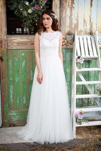 Шифоновое платье для свадьбы на море 7851. Силуэт А-силуэт. Цвет Белый / Молочный. Вид 1