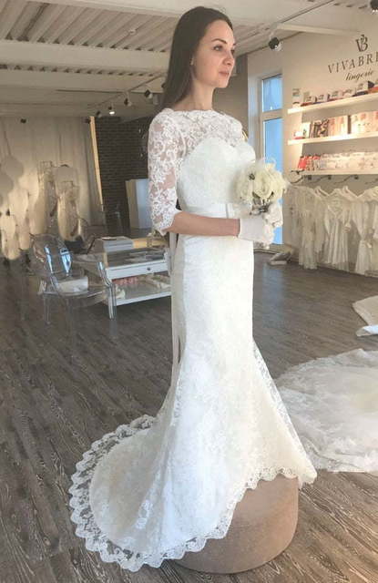 Прямое кружевное свадебное платье с рукавом Natali. Силуэт Прямое. Цвет Белый / Молочный. Вид 1